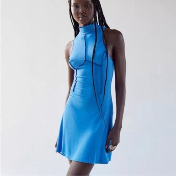 Urban Outfitters | UO Deja Seamed Mini Dress Sleeveless Ribbed Blue New Medium - Picture 6 of 15